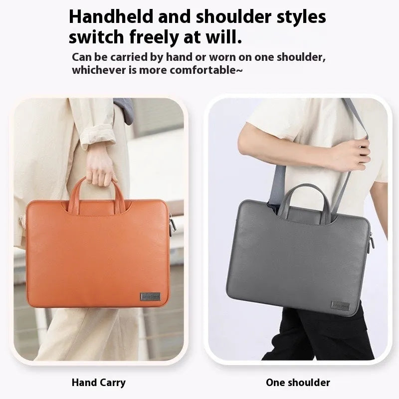Black PU leather laptop bag with integrated power bank storage compartment