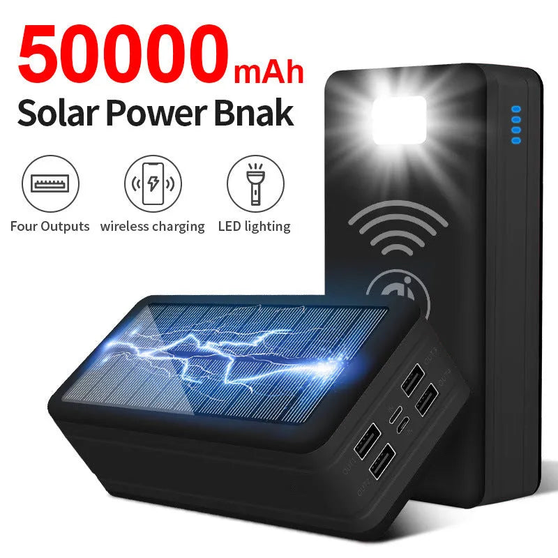 Solar wireless power bank in black with colour accents showing charging ports and solar panel