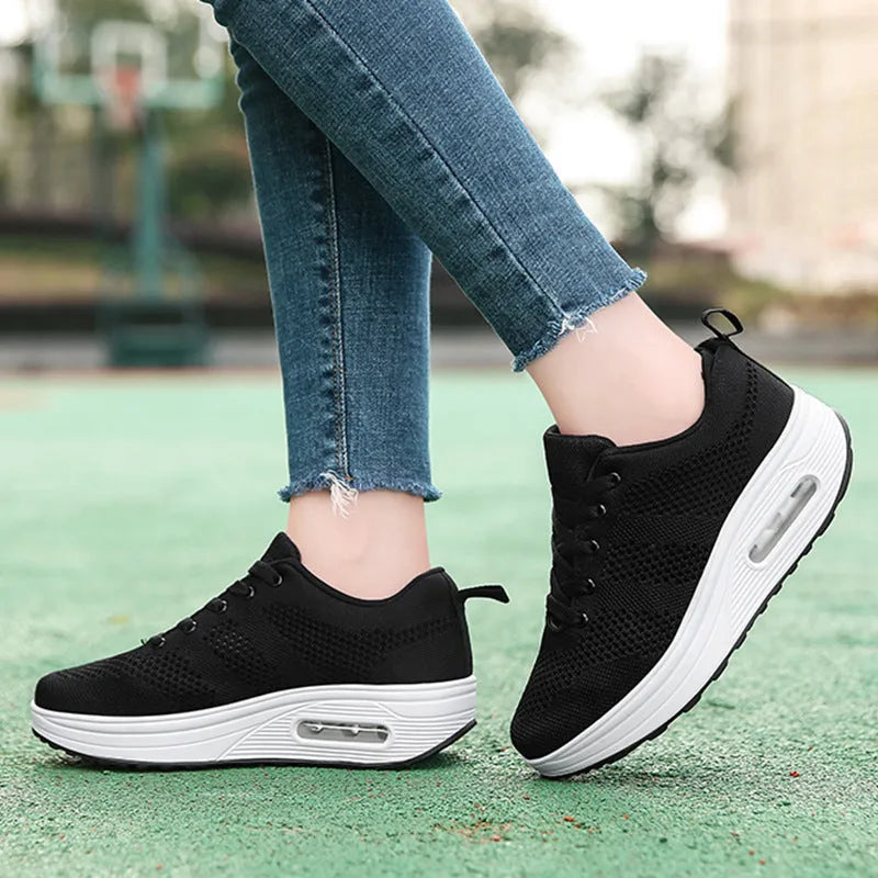 Women's air cushion platform casual shoes in multiple colours with flyknit upper and vulcanised sole
