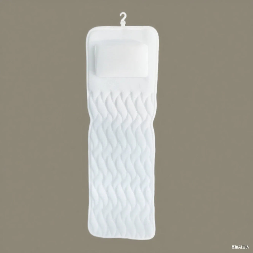 White 4D mesh bathtub pillow with suction cups on a bathtub