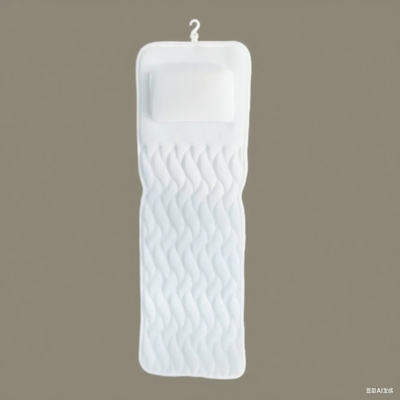 White 4D mesh bathtub pillow with suction cups on a bathtub