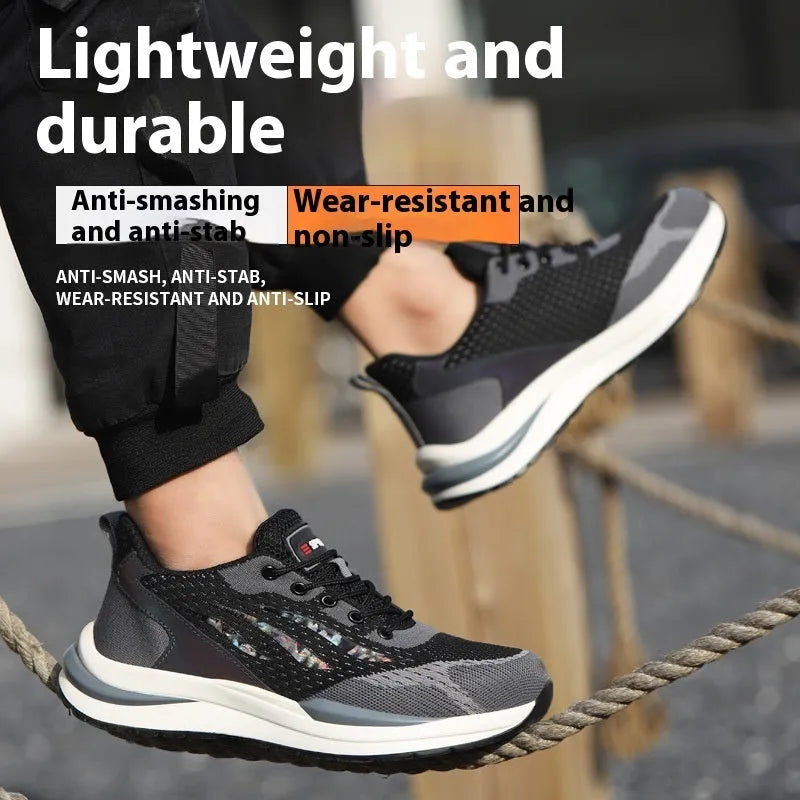 Men's black grey electrician safety shoes with plastic toe cap and lace-up closure