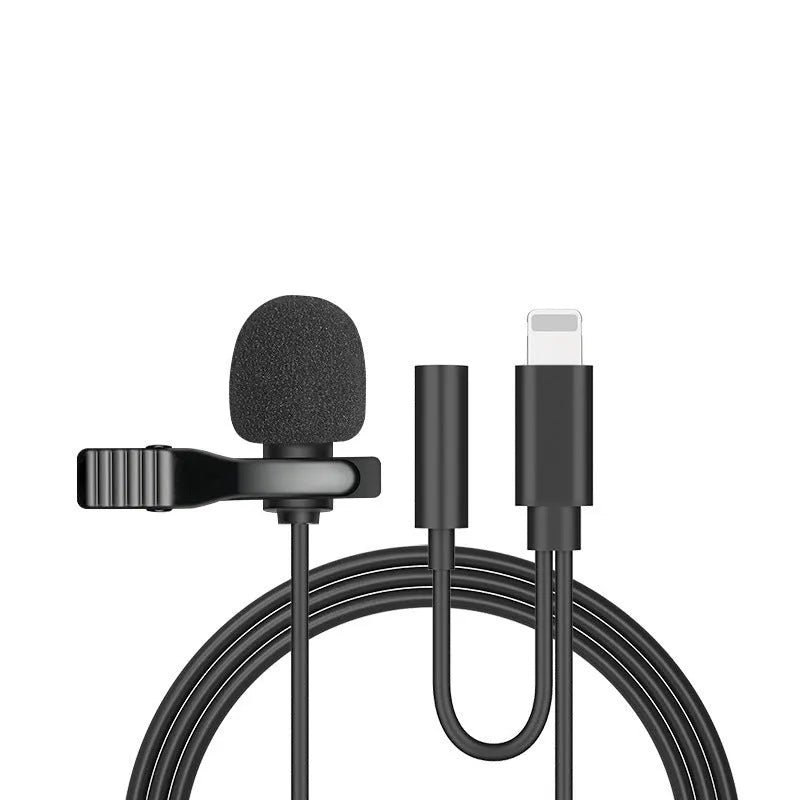 Lavalier clip microphone with in-ear monitors and multiple connector options including 3.5mm and Type-C