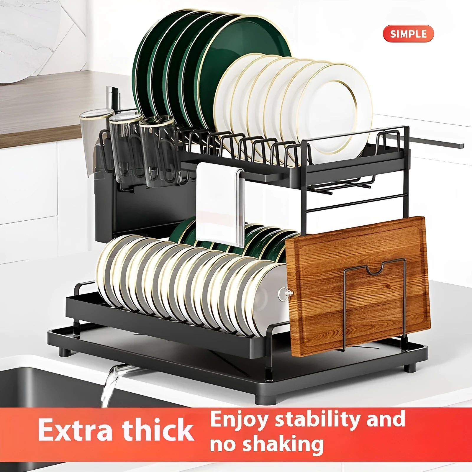 White double-layer kitchen storage rack with removable draining tray