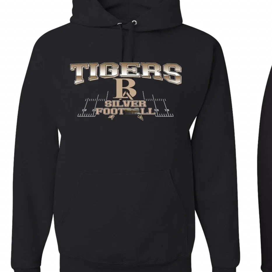 Black drop-shoulder polyester hoodie with long sleeves, simple pullover design.