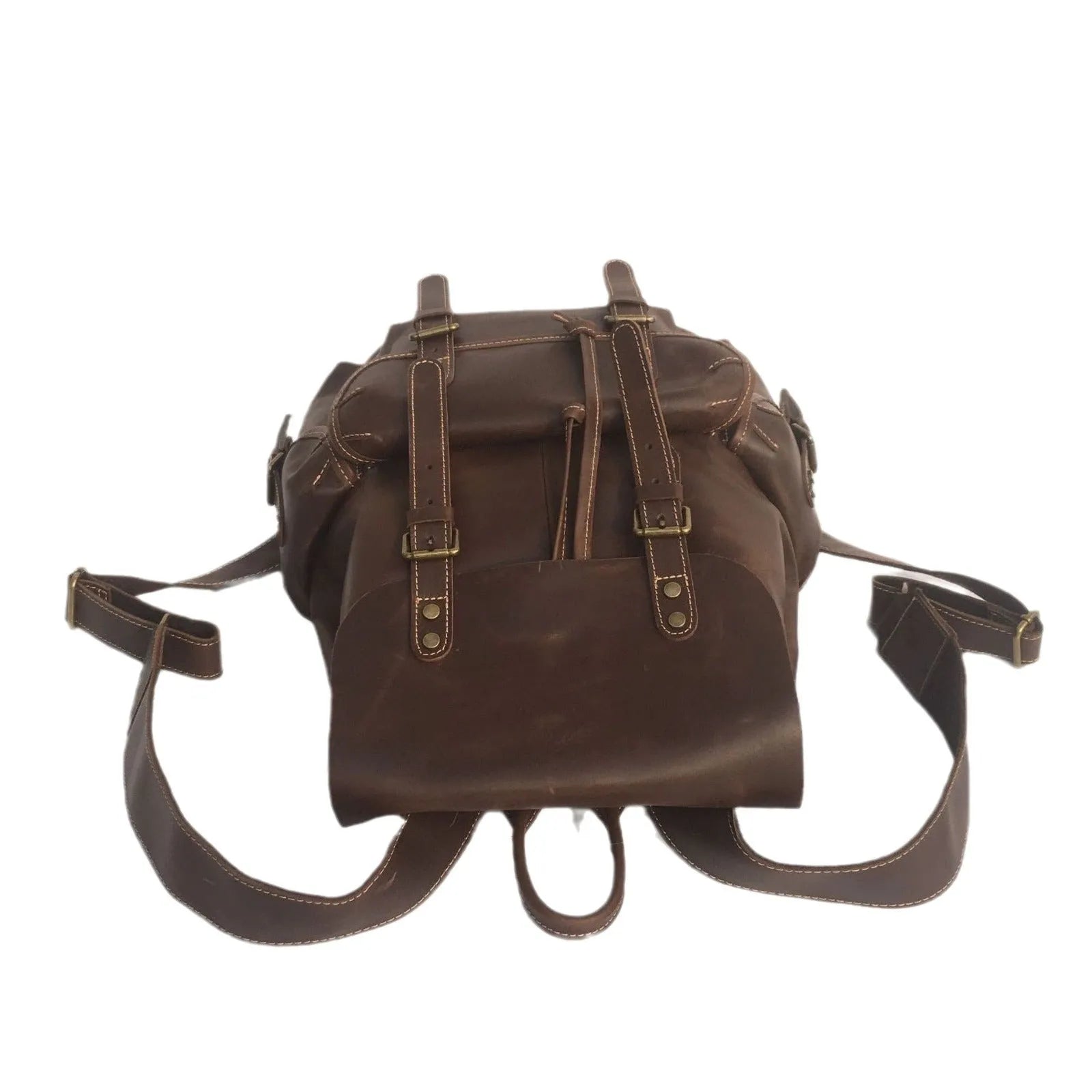 Brown men's genuine leather backpack with air pillow belt shoulder straps