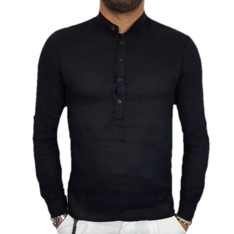 Men's long sleeve t-shirt in black or beige, loose fit hemp cotton blend, sizes S to 4XL