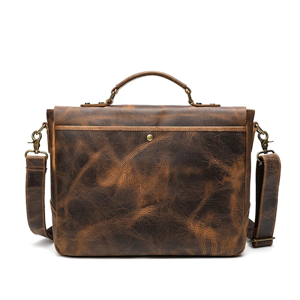 Leather mens briefcase satchel, 15 inch horizontal square bag, first-layer cowhide, reddish brown and light brown