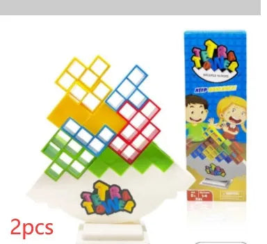 Plastic balance stacking game with colourful blocks on a chassis