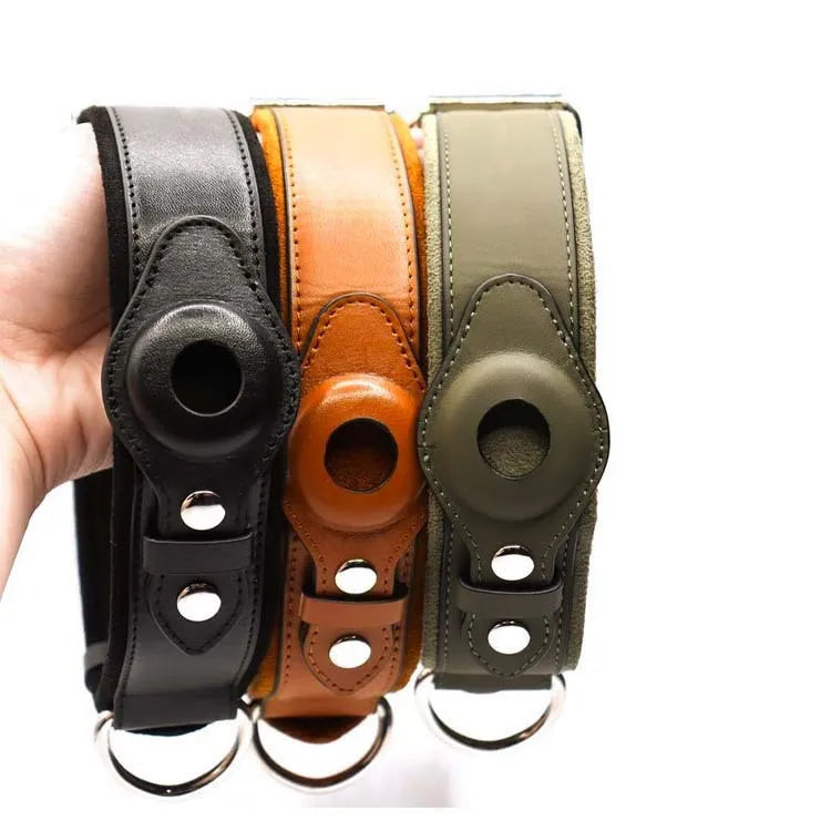 Leather dog collar with location tracker holder in army green on a light background