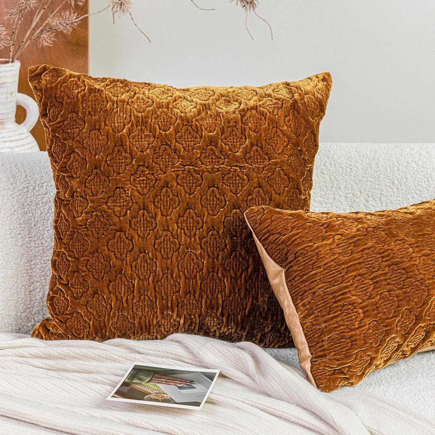 Antique brown gold quilted cushion pillow with three-dimensional quilting pattern