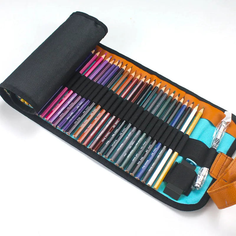 Set of 50 wooden oil-based coloured pencils in a case, showing the range of colours.