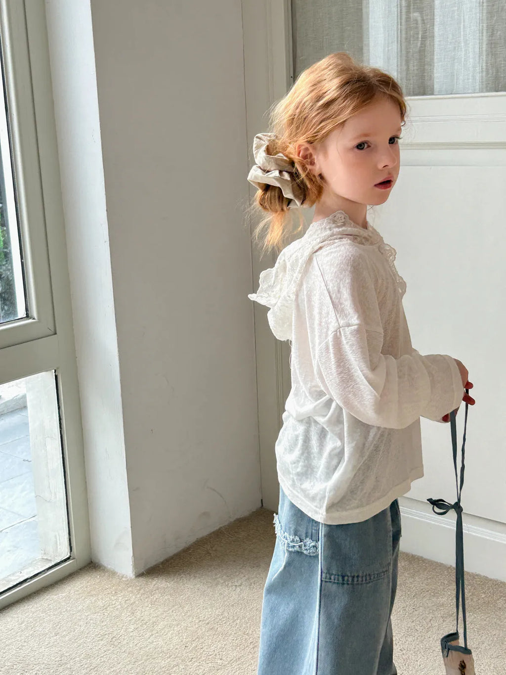 Girls' knitted cotton bottoming shirt top in white for 90-150cm height