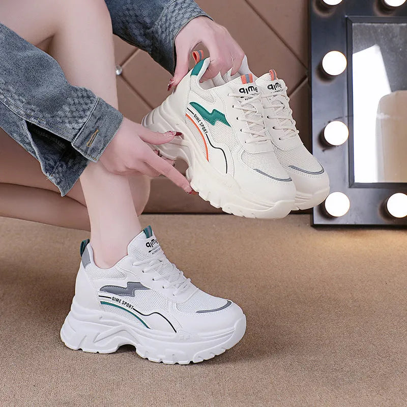 Women's white beige dad shoes with lace-up front, cross shoulder straps, and a breathable mesh upper.