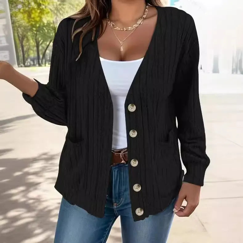 Light gray loose fit V-neck cardigan for women with button front and long sleeves