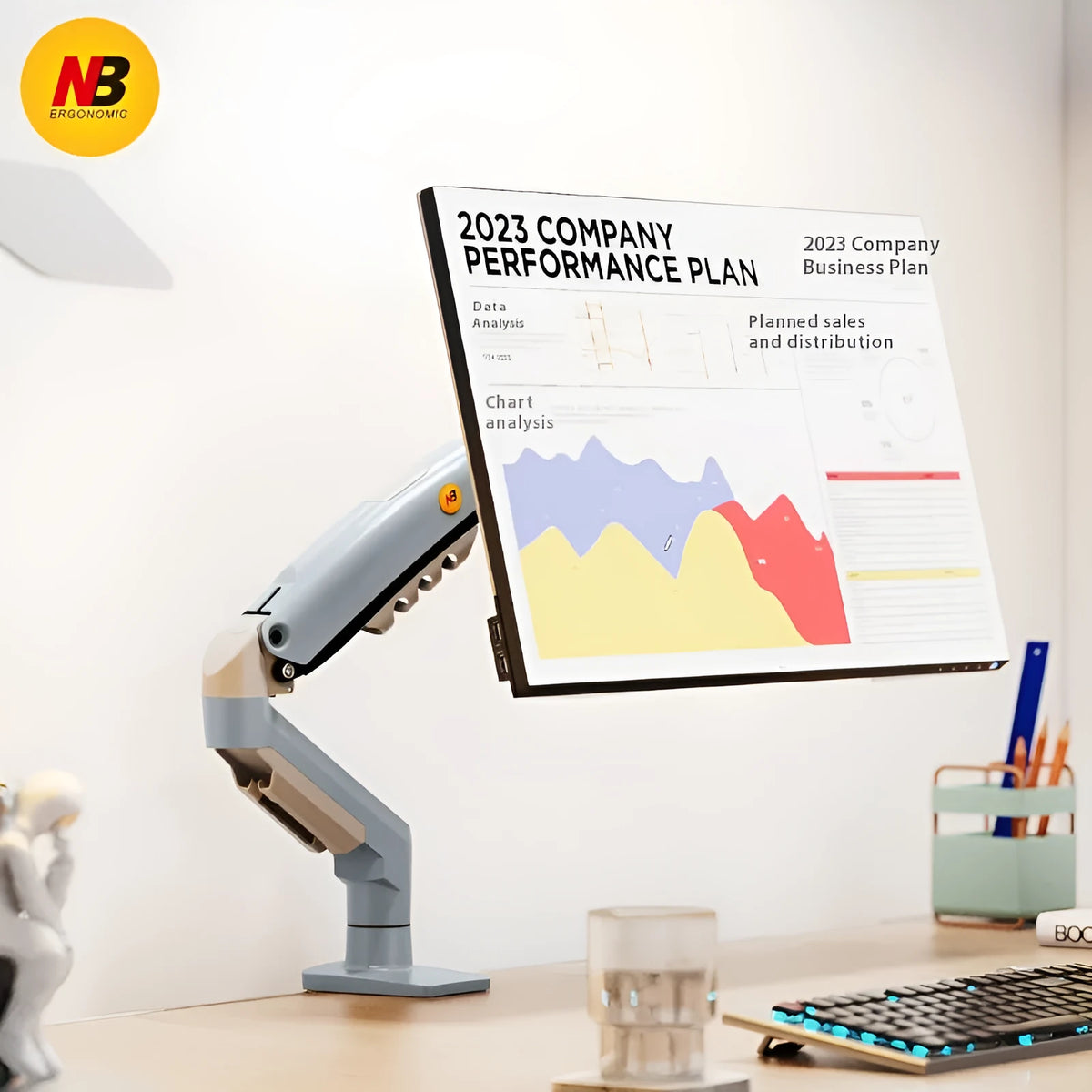 F80-XV grey computer monitor bracket robotic arm, aluminium alloy and cold rolled sheet, 42 x 31 x 10cm