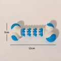 Blue bone-shaped interactive dog toy for small breeds with chewable ends and treat compartment