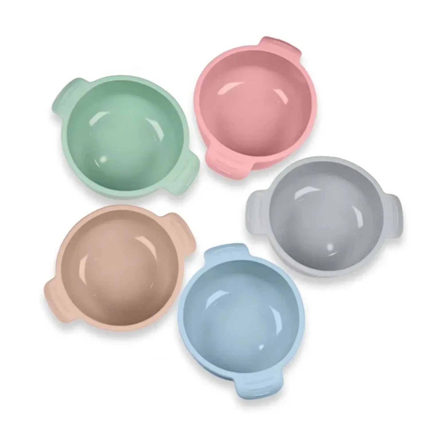 Silicone pet bowl with suction cup base in a choice of five colours: beige, blue, grey, green, and pink.