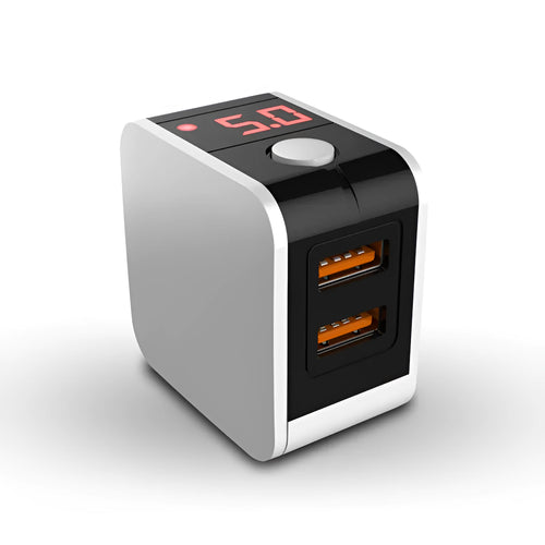 5V 2.4A dual USB travel charger with digital display in black, white, or red.