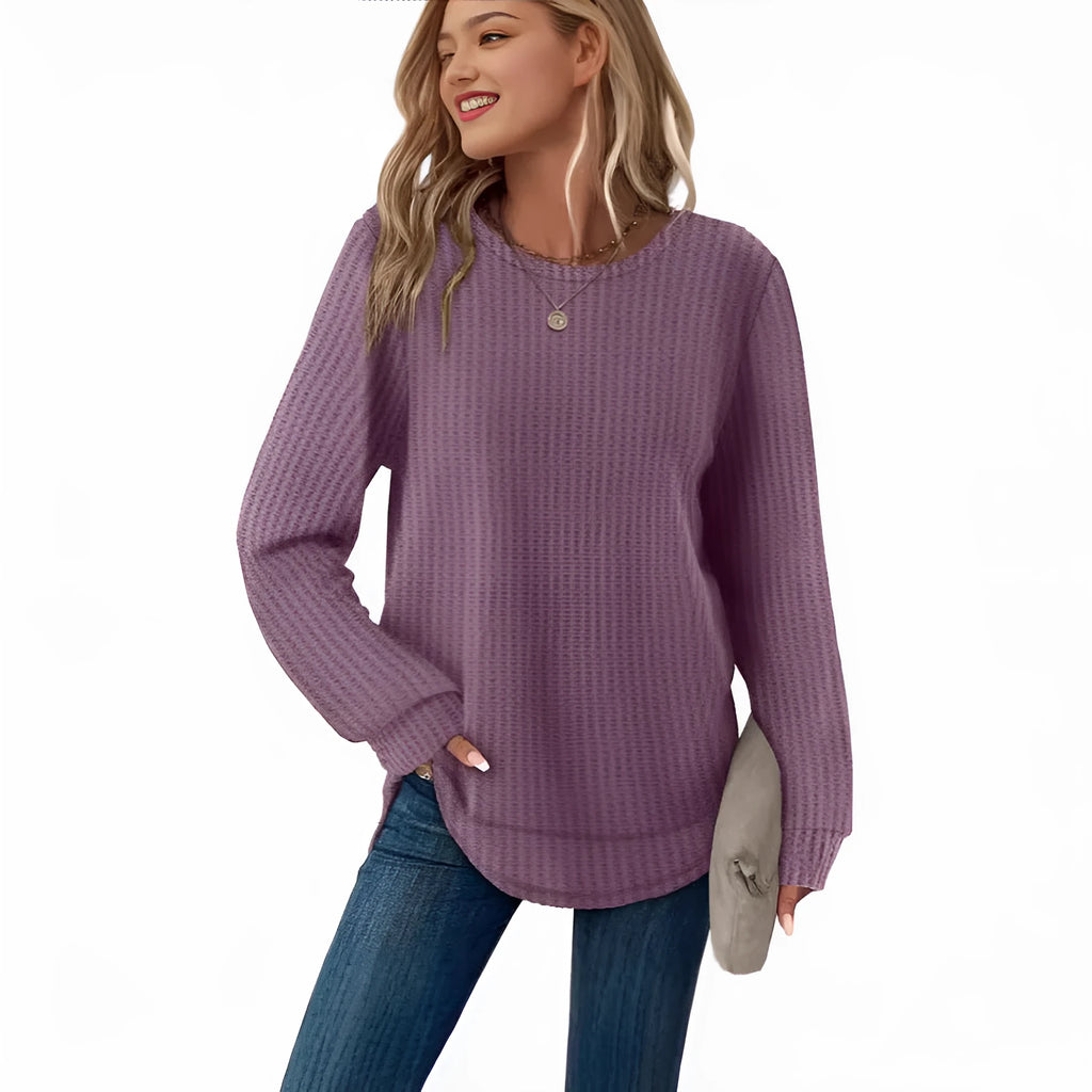 Waffle loose round neck high low curved hem pullover top in solid colour with plaid pattern