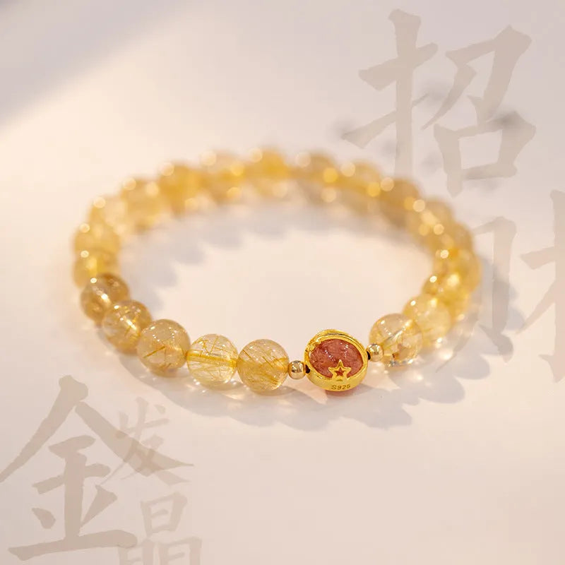 Gold rutilated quartz crystal bracelet with diamond shaped beads in Korean style design