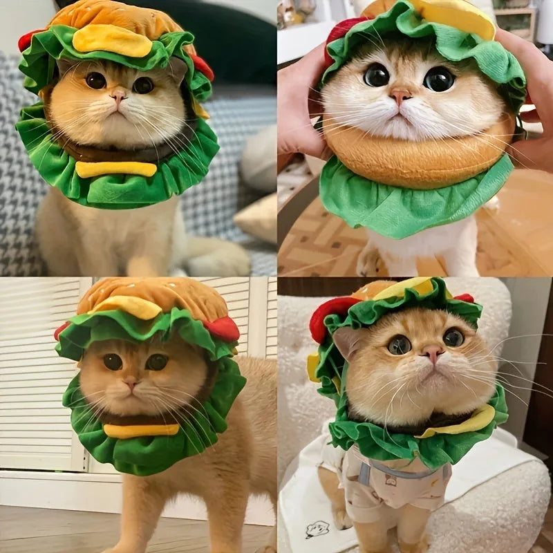 Burger-themed cat collar headdress with adjustable buckle in three sizes for pet dressing accessories