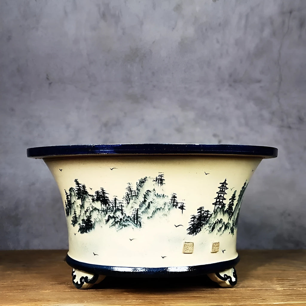 Lingnan Shiwan glazed ceramic flower pot with hand-painted high mountains landscape design, wide mouth, 21cm to 35cm