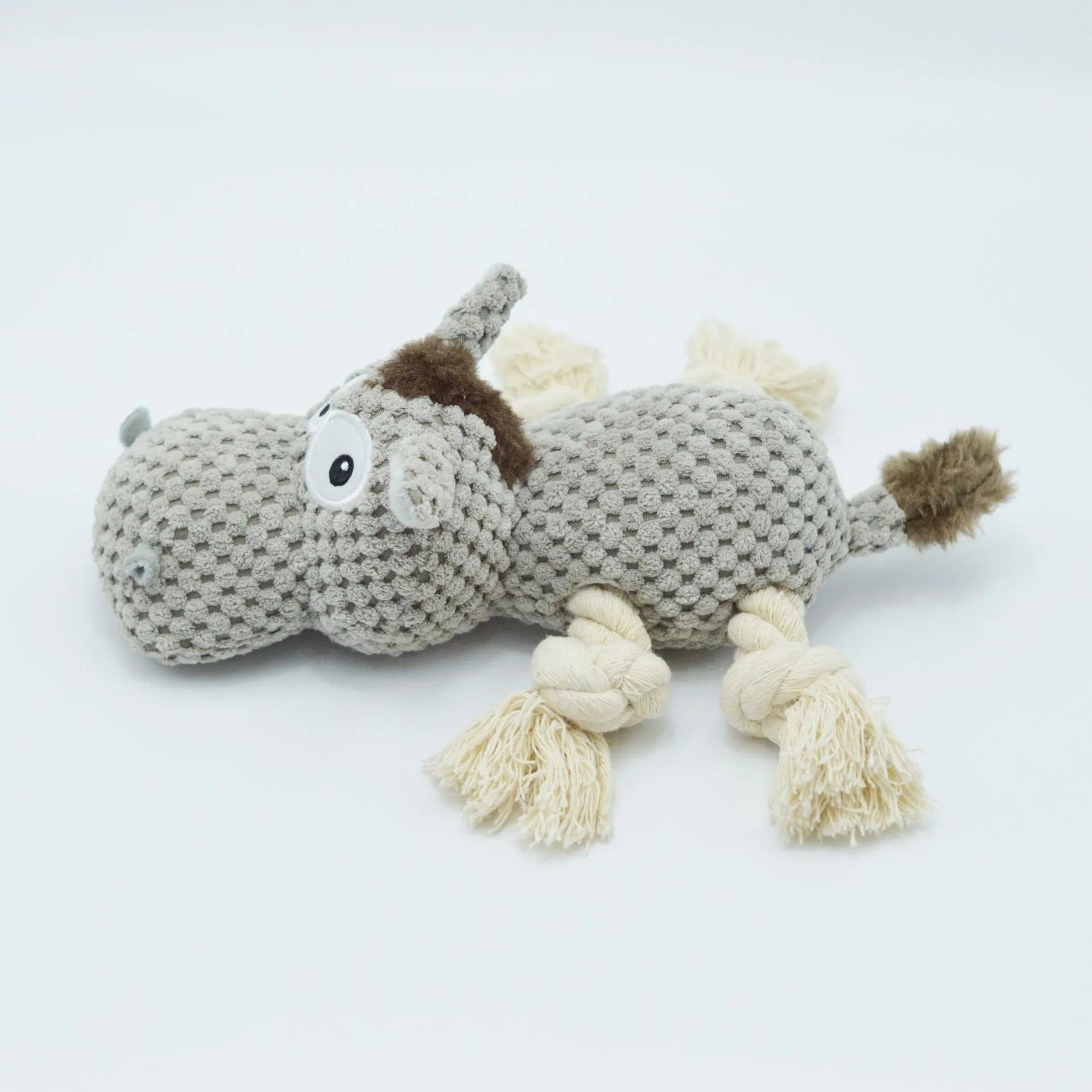 Grey donkey plush dog toy with creak sound measuring 27x20x9.5cm