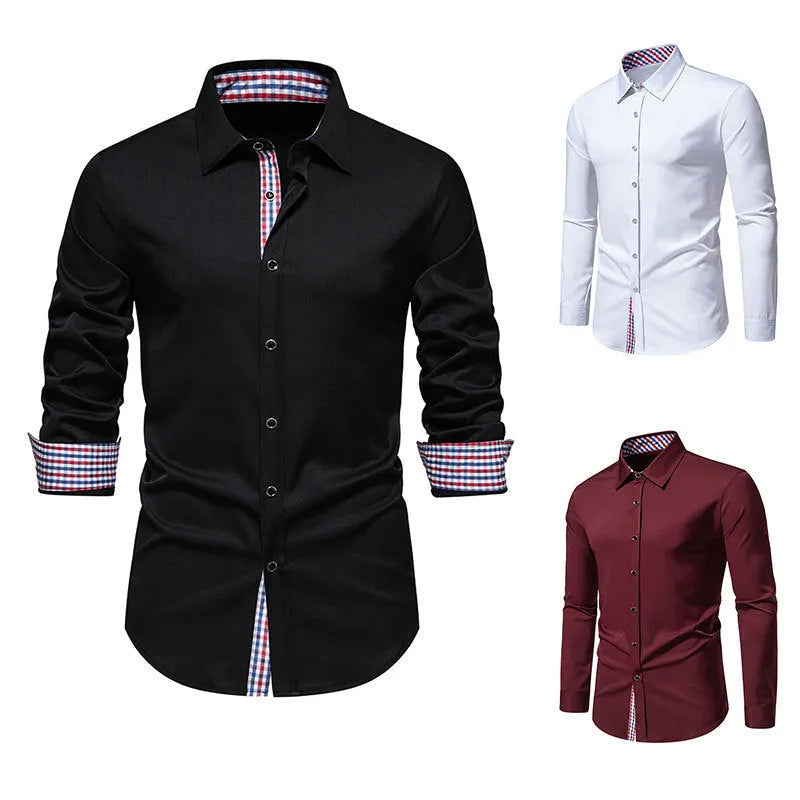 Man wearing a loose-fit black plaid long-sleeved casual shirt