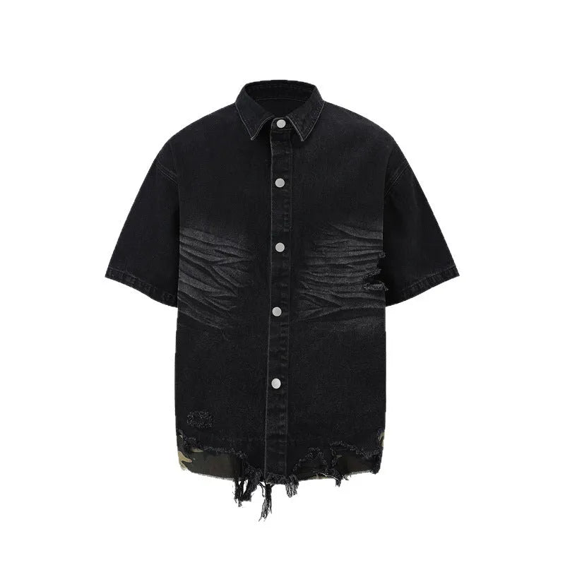 Leopard print denim short sleeve shirt and shorts set with cut edge stitching detail in black colour option