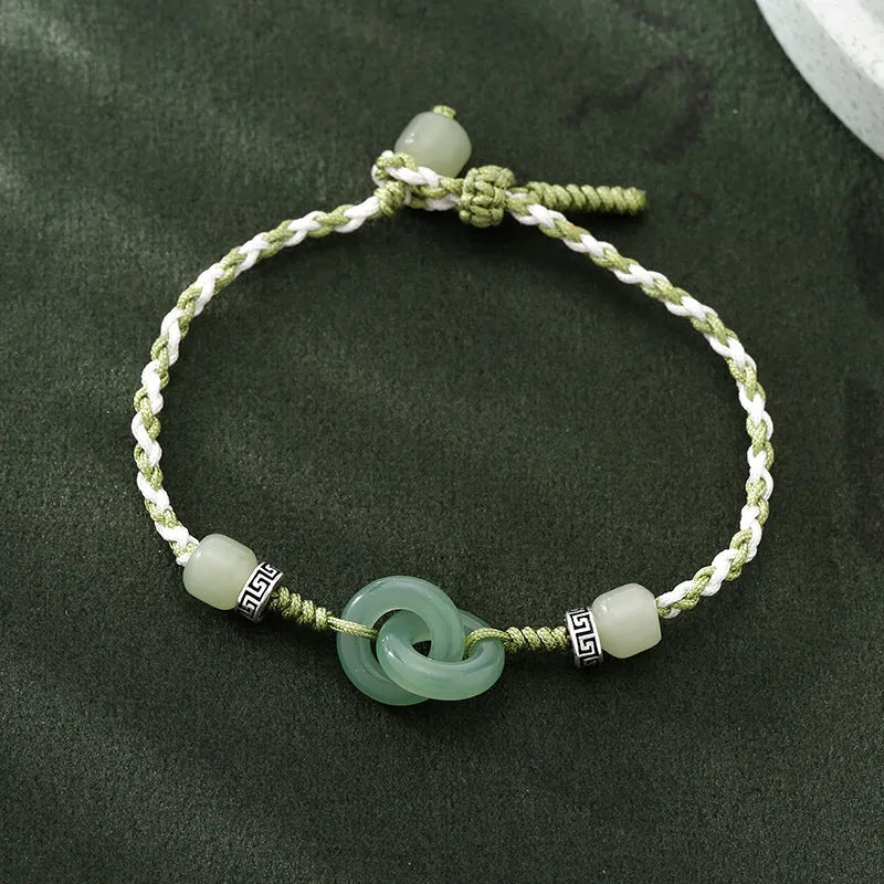Green jade buckle women's bracelet with double ring design and copper construction
