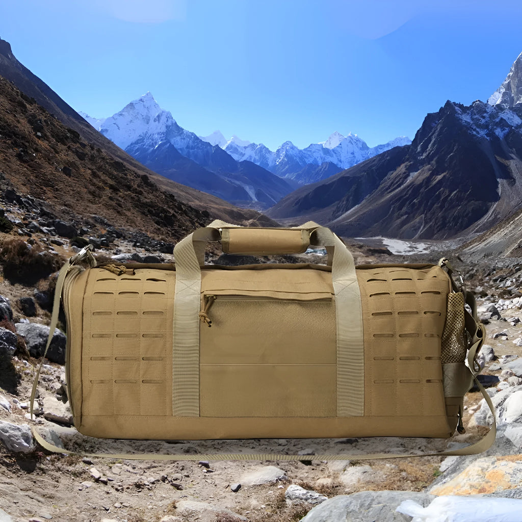 Men's khaki Oxford cloth sports travel bag with air pillow shoulder strap.