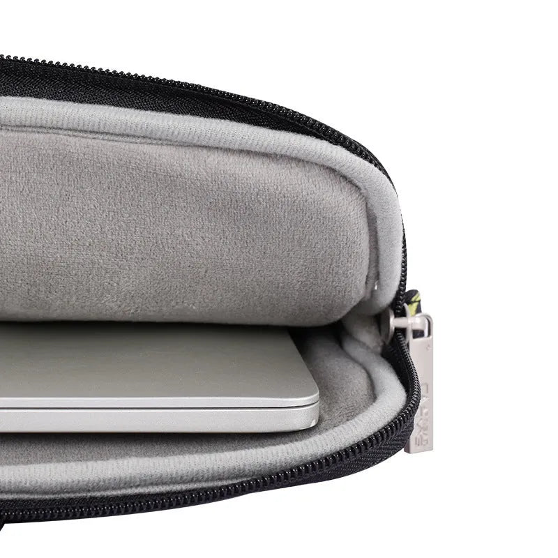 Black polyester laptop tablet bag with printed letter pattern, 13 inch size, waterproof anti-seismic unisex carrying case