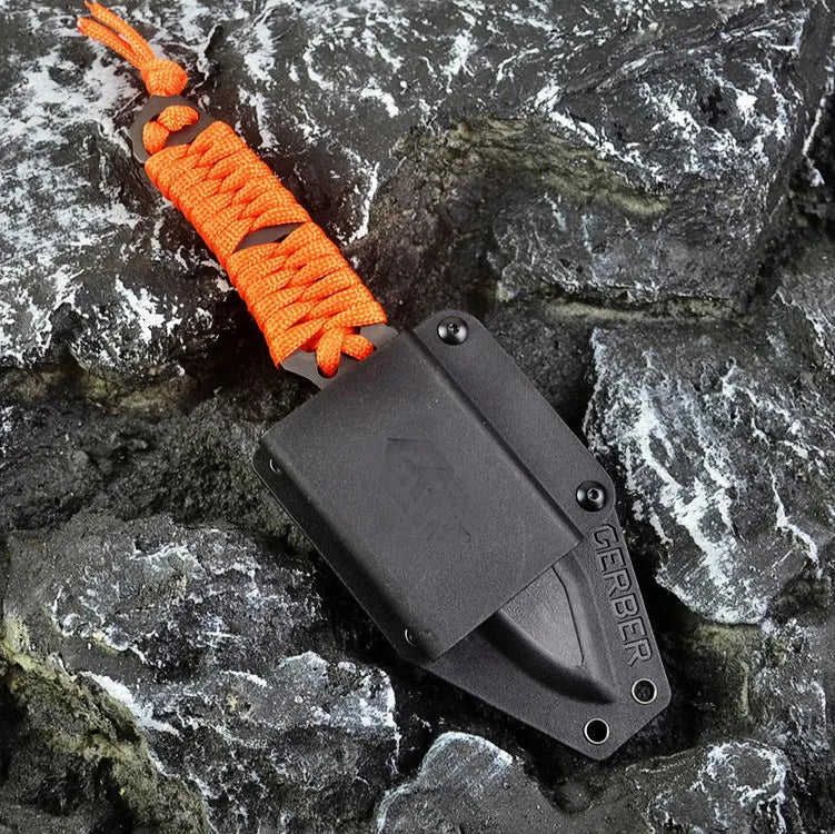 Straight blade camping knife with rope handle and ABS plastic sheath