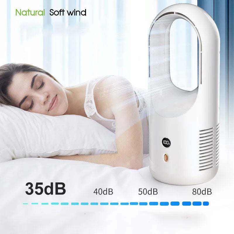 White bladeless desk fan with LED display on a wooden desk