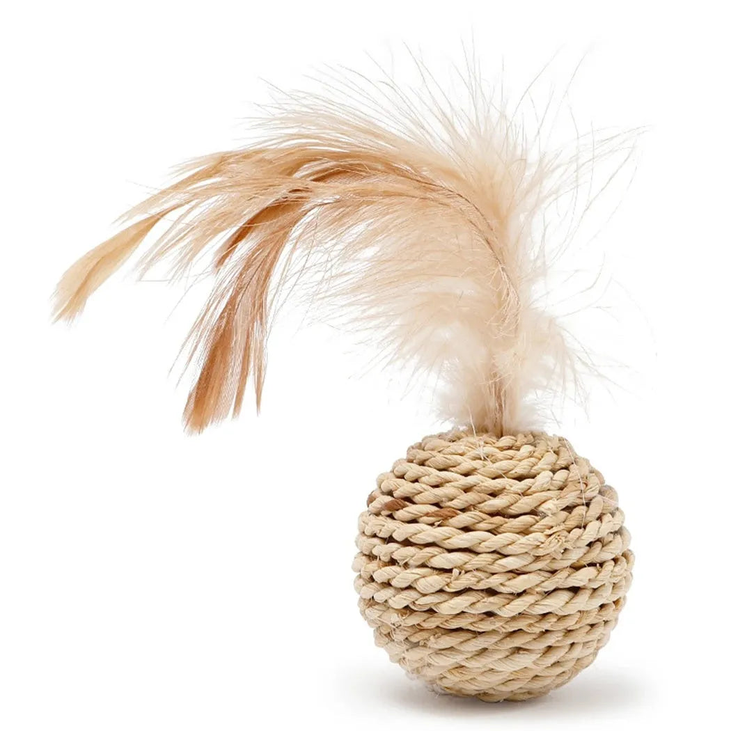 Two cat toys: hollow rattan ball and faux feather ball with bell for interactive pet play