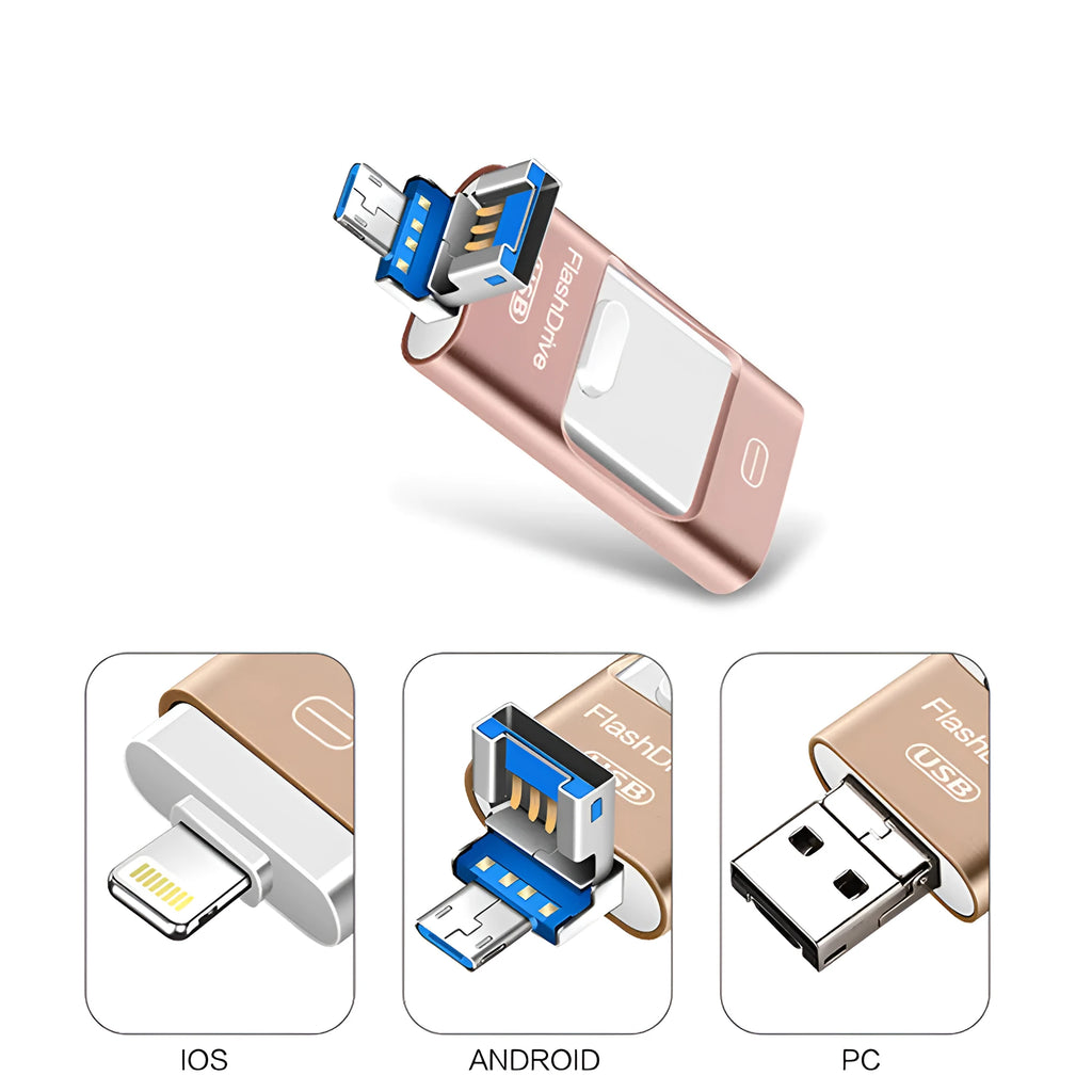 Three-in-one USB flash drive with metal body in gold, rose gold, silver, and black colour options for phone and computer use