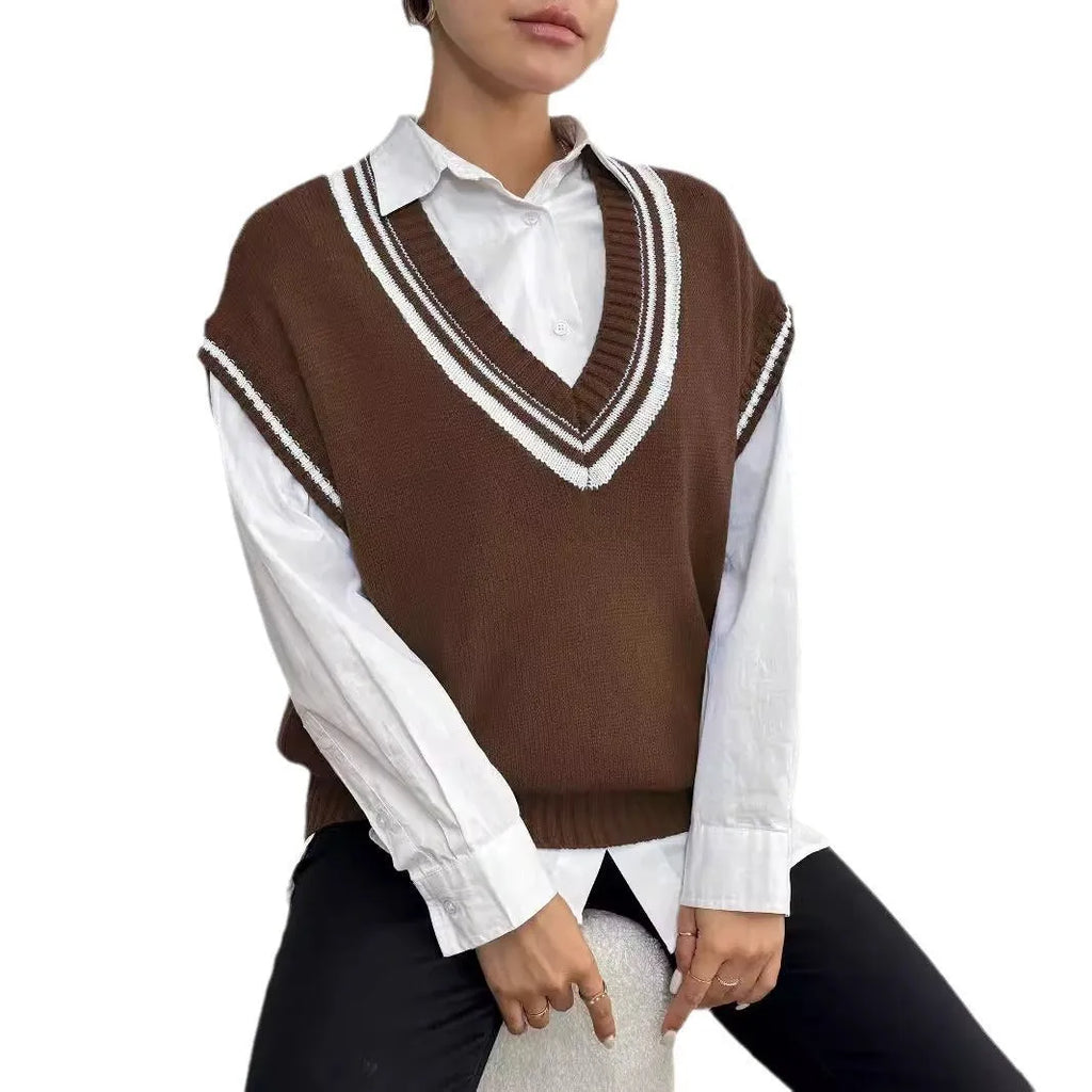 Women's loose college style wool vest sweater pullover in blue, coffee or black colours