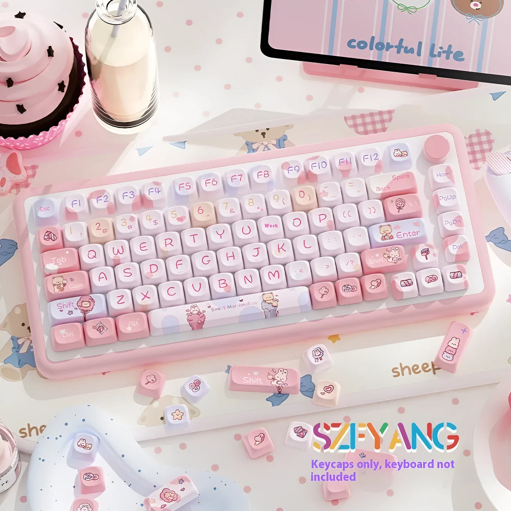 Sweet Cotton Candy pastel coloured mechanical keyboard keycaps displayed in sets of 112 and 120 keys