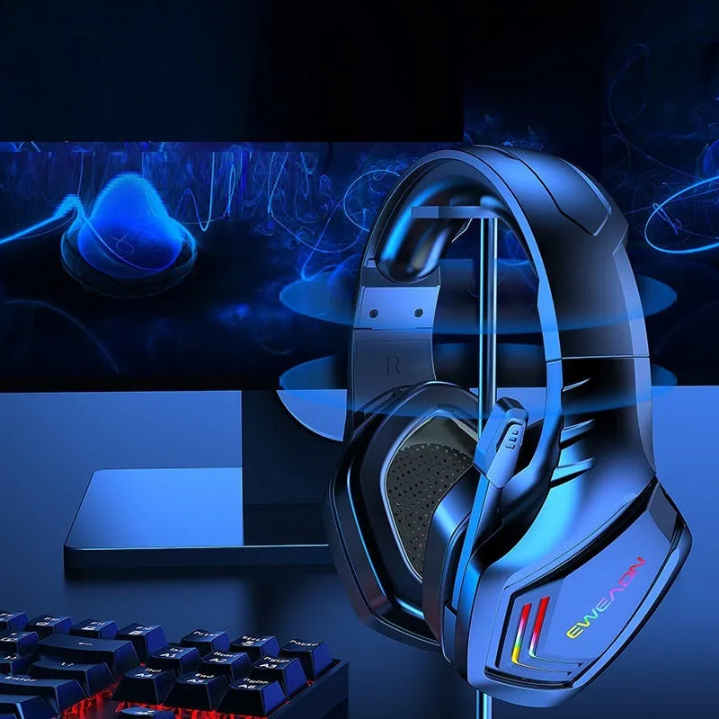 Black wireless Bluetooth headset with RGB lighting on the ear cups, worn over the head.