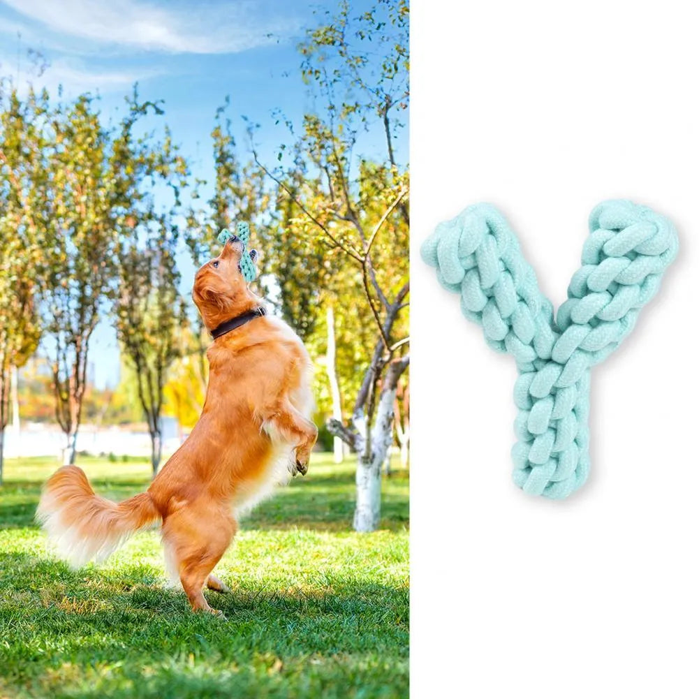 Y-shaped blue cotton rope dog chew toy for large dogs measuring 18cm length