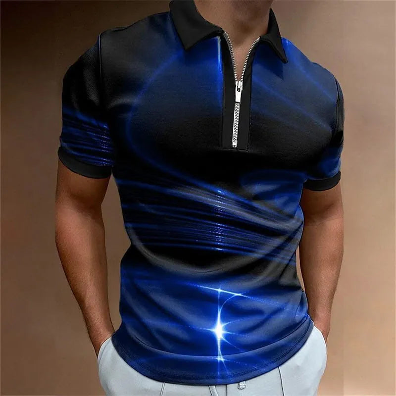 Men's blue lapel collar zipper polo shirt with printed design and short sleeves