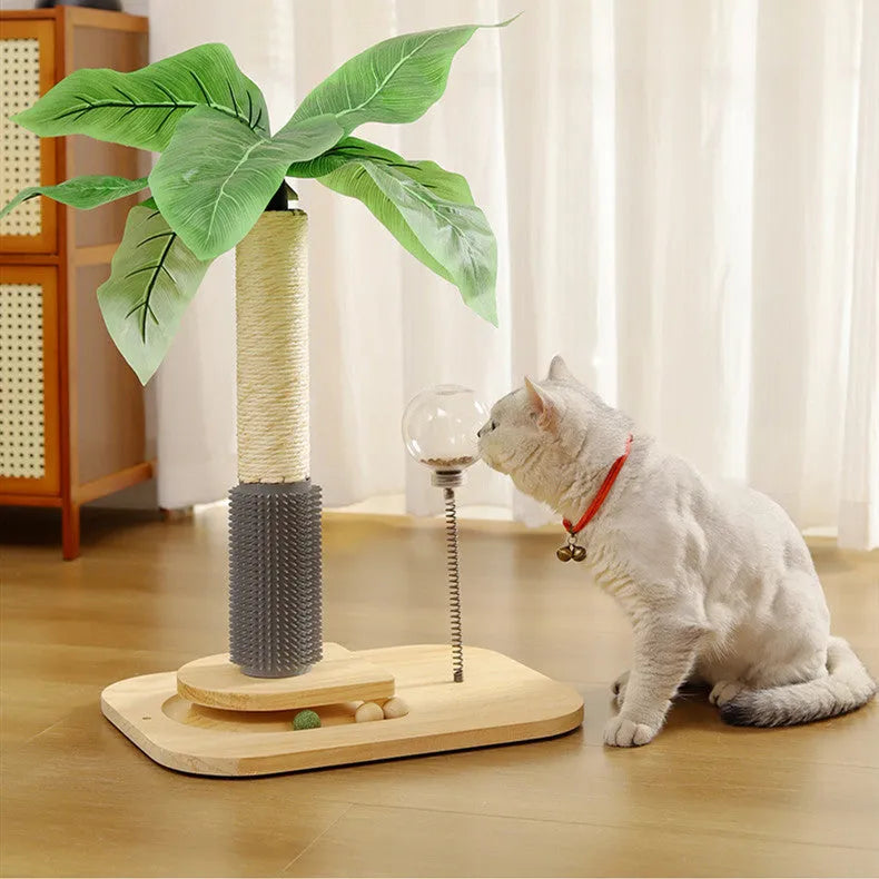 Tall wooden cat scratching post wrapped in natural-coloured sisal rope.