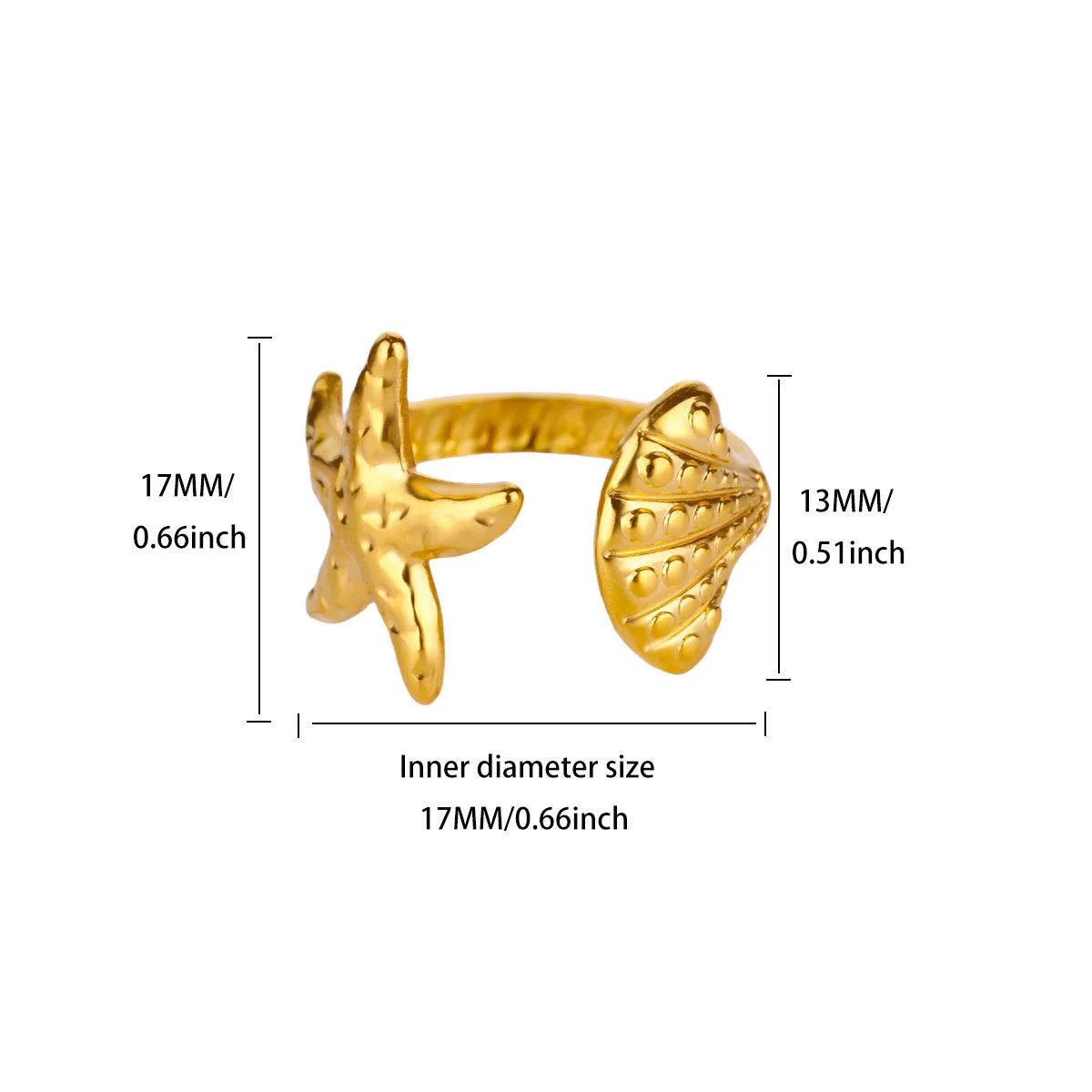 Gold plated stainless steel open ring with starfish and shell design for women's vacation jewellery