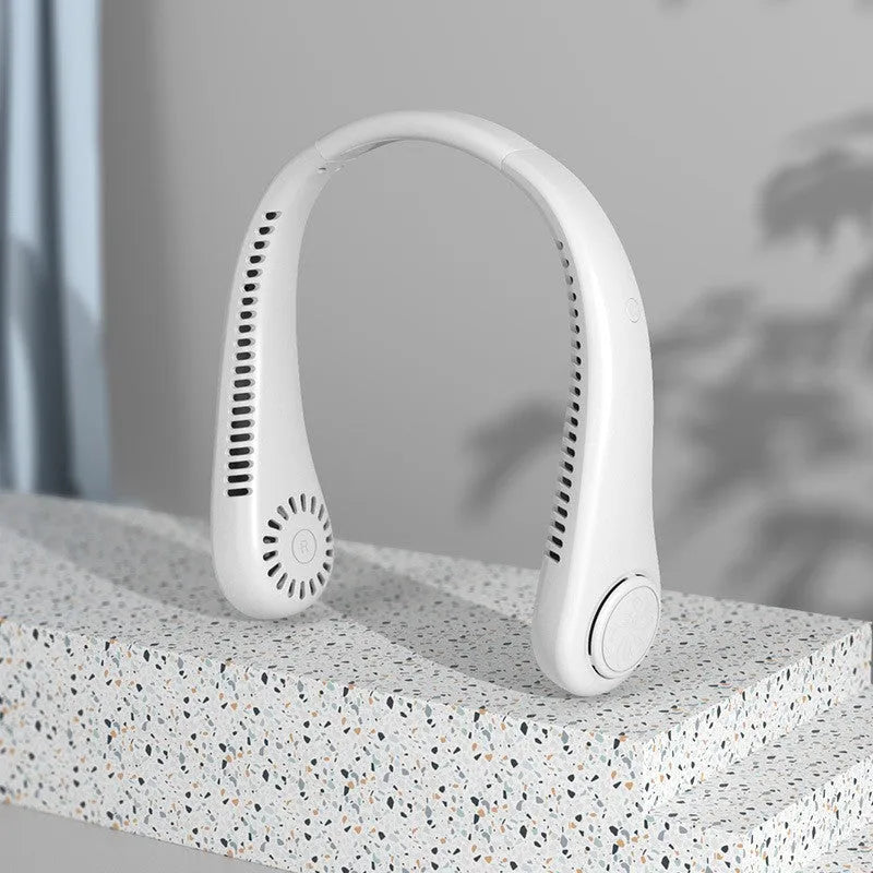 Pink USB rechargeable bladeless neck fan with flexible neckband on a white background.