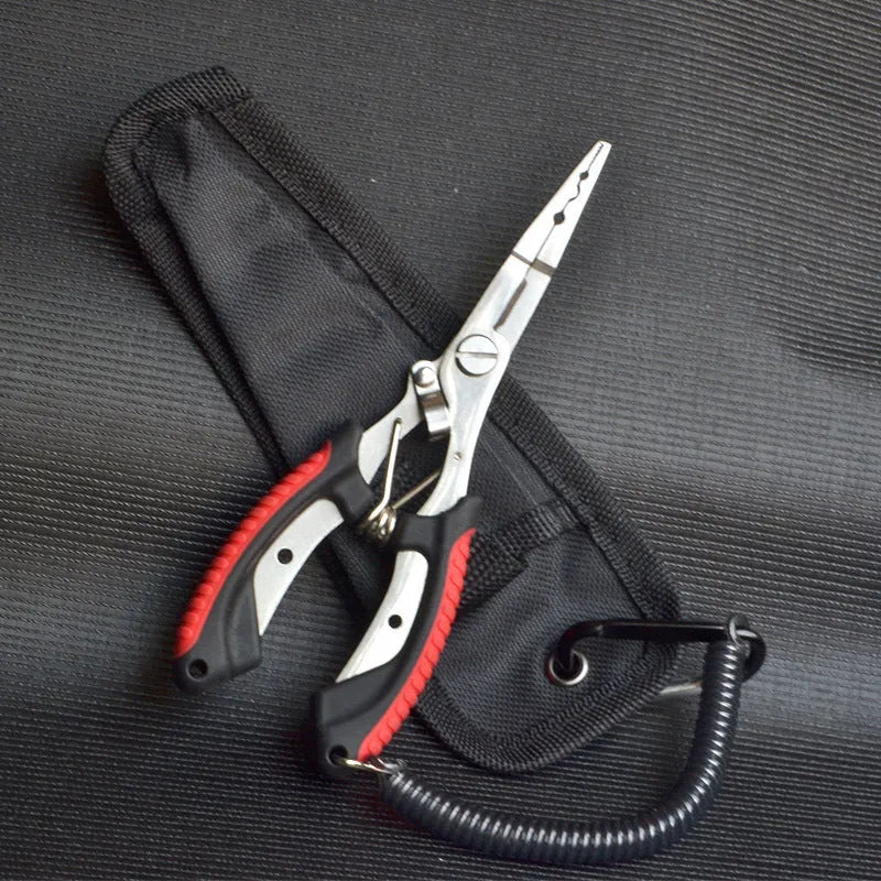 Medium straight mouth fishing pliers with hook, blue ABS handle and nylon carry strap on a grey background.