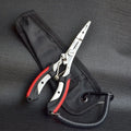 Medium straight mouth fishing pliers with hook, blue ABS handle and nylon carry strap on a grey background.