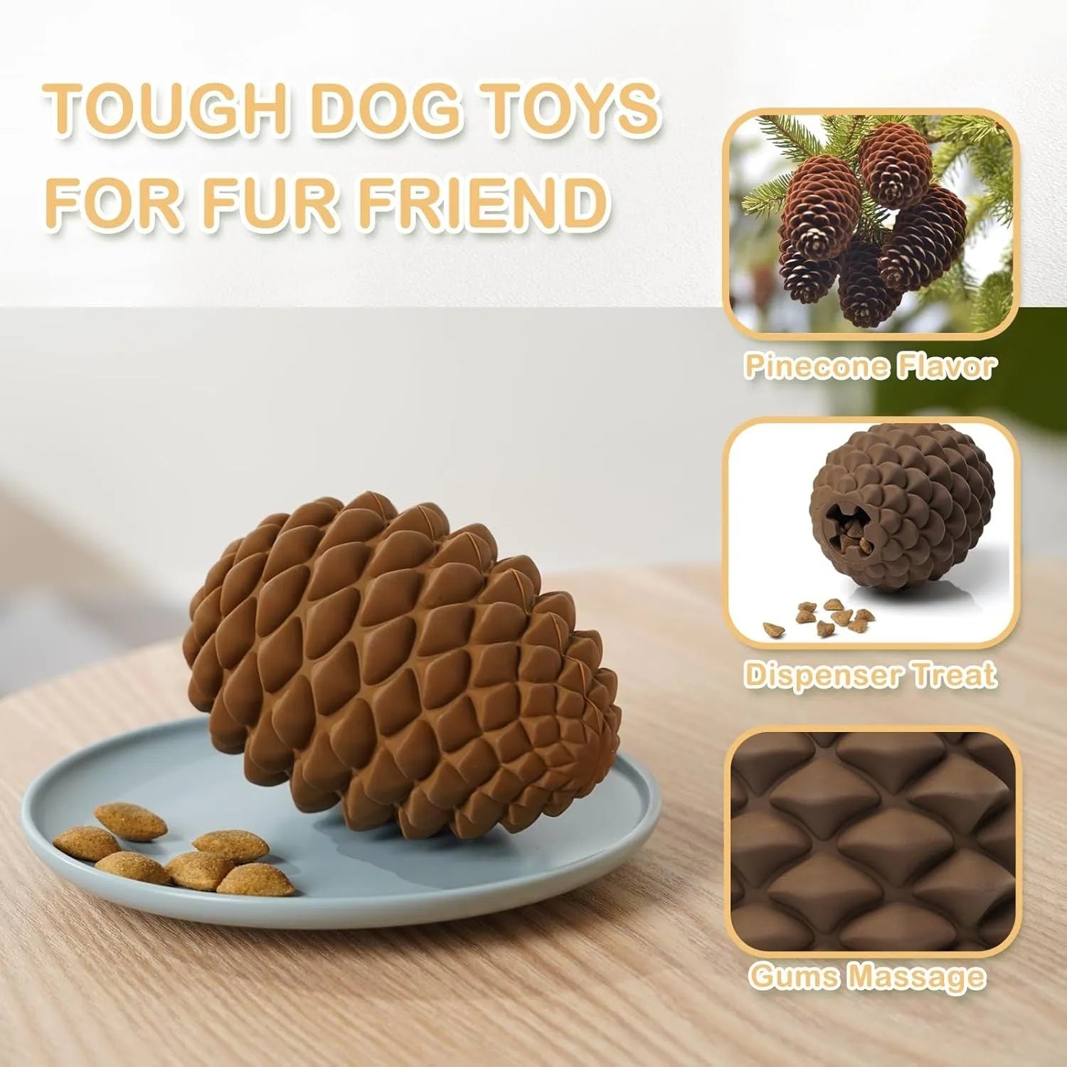 Pine cone shaped natural rubber dog toy for aggressive chewers with treat dispenser
