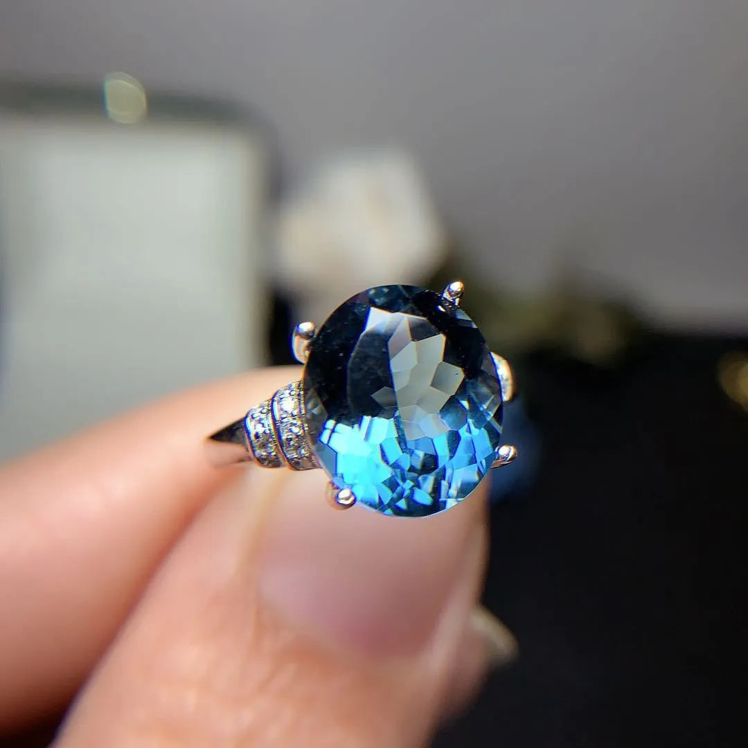 London blue topaz ring, 925 silver inlaid, 10/12mm crown-shaped dark blue stone, adjustable opening, plated finish