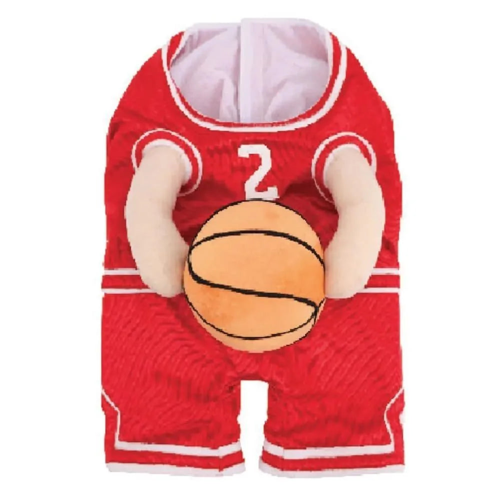 Red dog wearing a basketball costume with a small attached basketball